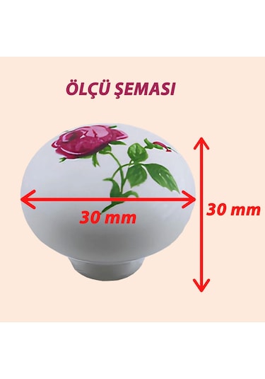 8 Adet Pembe Gül Desenli Beyaz Polimer Düğme Kulp Mantar Mobilya Mutfak Dolabı Çekmece Kulbu Kulpları