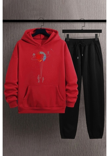 Evren Temalı Baskılı Eşofman Takımı Kırmızı