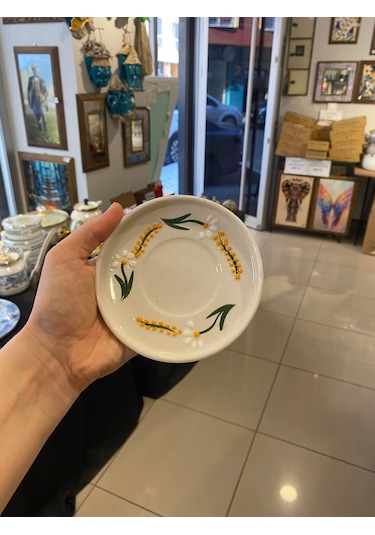 Seramik El Yapımı Fincan Takımı 2'li Set Dal Papatya Desenli Beyaz - Sarı