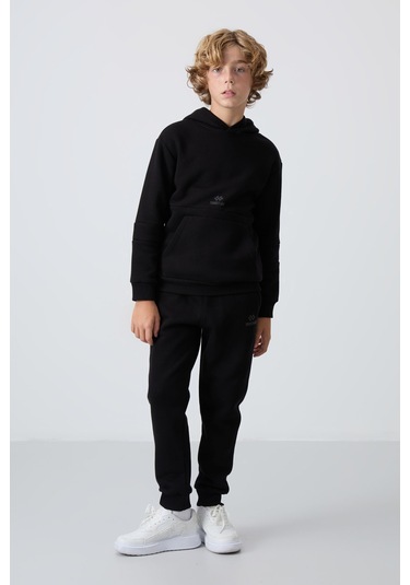 Tommy Life Siyah Pamuklu Kalın İçi Tüylü Yumuşak Dokulu Standart Fit Nakışlı Erkek Çocuk Eşofman Takım - 11255 Siyah