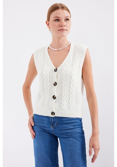 Bigdart 15882 Düğmeli Kısa Triko Yelek - Beyaz 001