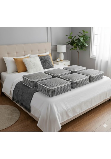 6'lı Kaz Ayağı Büyük Baza Altı & Çekyat Tipi Tela Hurç 65x45x22 Cm Fermuarlı Saklama Ve Düzenleme Hurcu Siyah