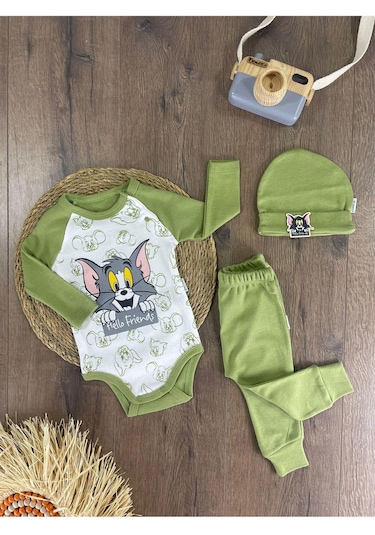 2d2b Hello Friends Alttan Çıtçıtlı Bereli Unisex 3lü Bebek Takım Yeşil
