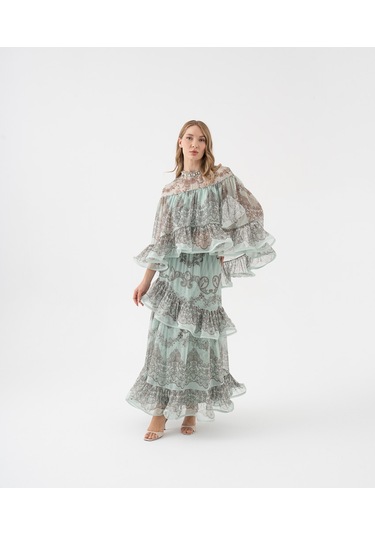 Dantel Desenli Katlı Şifon Volanlı Bluz Mint