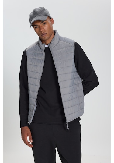 AC&Co / Altınyıldız Classics Erkek Rüzgar Geçirmez Taşınabilir Çantalı Sıcak Tutan Elyaf Dolgulu Ultra Hafif Standart Fit Şişme Yelek Gri