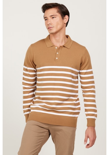 AC&Co / Altınyıldız Classics Erkek Vızon-ekru Standart Fit Normal Kesim Polo Yaka Çizgili Triko Kazak Vizon - Ekru AC&Co / Altınyıldız Classics Erkek Vızon-ekru Standart Fit Normal Kesim Polo Yaka Çizgili Triko Kazak Vizon - Ekru
