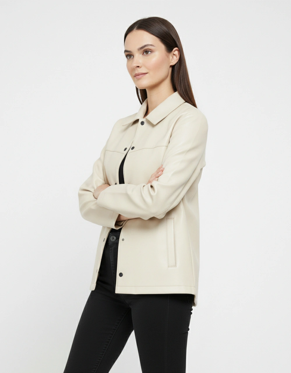 Kadın Çıtçıt Düğmeli - Suni Deri - Ceket -günlük Kullanım - Blazer Gömlek Yaka - Çift Cepli Açık Bej Kadın Çıtçıt Düğmeli - Suni Deri - Ceket -günlük Kullanım - Blazer Gömlek Yaka - Çift Cepli Açık Bej