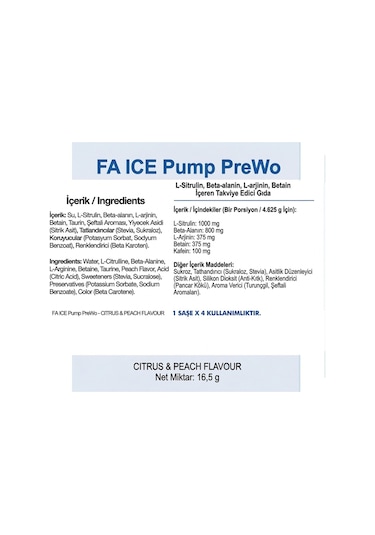 Fa Nutrition Ice Pump Pre-workout Icy Citrus & Peach 16,5 Gr 1 Saşe 2 Kullanım 10 Adet Şeftali