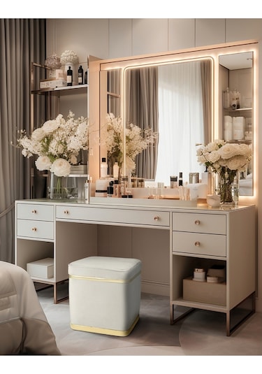 Zengo Gold Twin Line Kare Puf -beyaz Kumaş, Dekoratif Makyaj Masası Pufu-modern Style