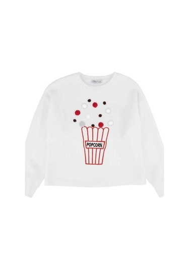 Kız Çocuk Popcorn Baskılı Sweatshirt-13493 Ekru