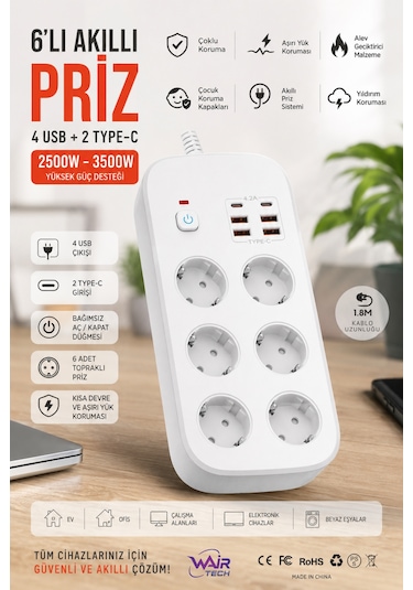 6'lı Topraklı Grup Priz 4 Usb 2 Type-c Hızlı Şarj 1.8 Metre Kablo Aşırı Yük Korumalı 1.8 M