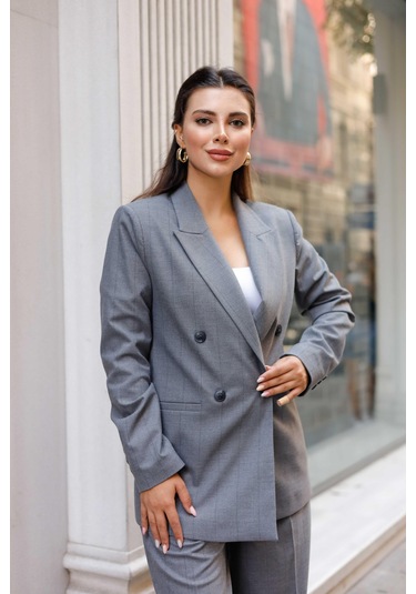 4 Düğmeli Kruvaze Geniş Çizgili Takım Gri Gri
