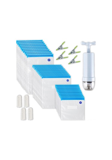 Geeroyoo Pompalı Vakumlu Gıda Saklama Poşetleri Seti - 30 Adet, 3 Boyut, Klipsli, Taze Tutma, Kolay Kullanım