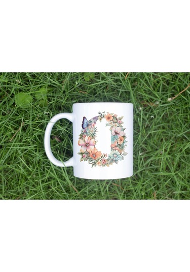 O Harfi Çiçekli Kupa Bardak - Soft Renk Çiçek Ve Kelebek Desenli Zarif Kahve Kupası - Bohem Beyaz