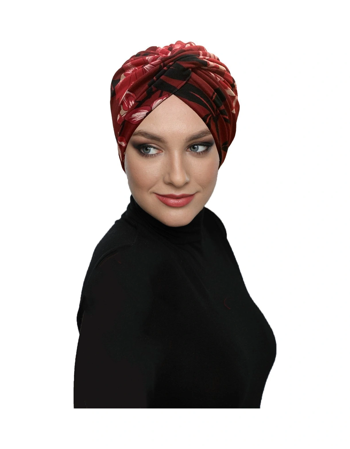 Fidan Desenli Çapraz Penye Bordo Yaprak Motifli Hazır Türban Tesettür Havuz Bonesi Bordo-yaprak