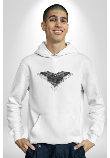 3 Gözlü Kuzgun Kadın Erkek Beyaz Kapüşonlu Sweatshirt Hoodie Beyaz