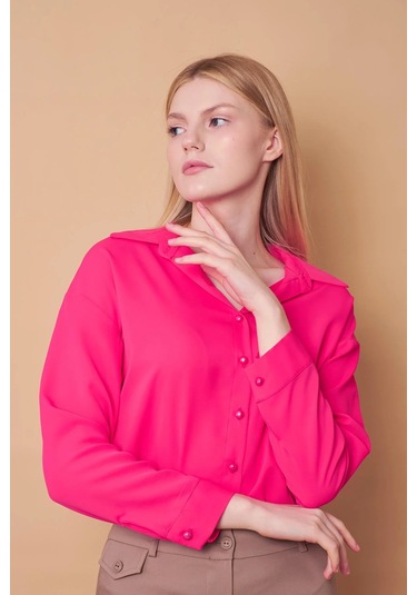 Kadın Yakalı Düşük Omuzlu Uzun Kol Likrasız Kumaş Gömlek-Fujya Fujya