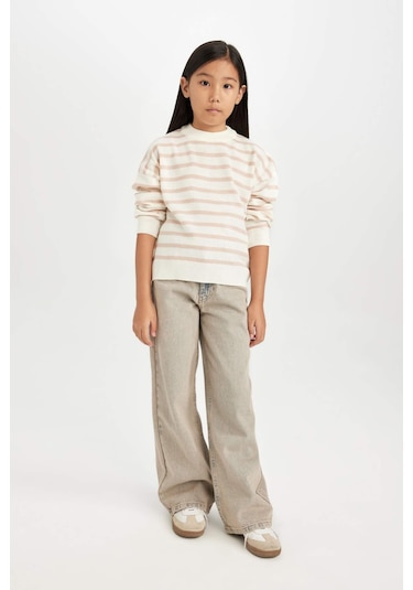 DeFacto Kız Çocuk Bisiklet Yaka Çizgili Triko Kazak D6759A8NSPN26 Pembe