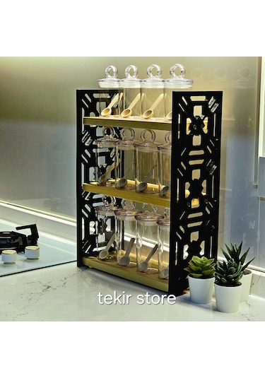 12 Li Baharatlık Takımı Ahşap Siyah Standlı Mika Vakum Kapaklı Siyah