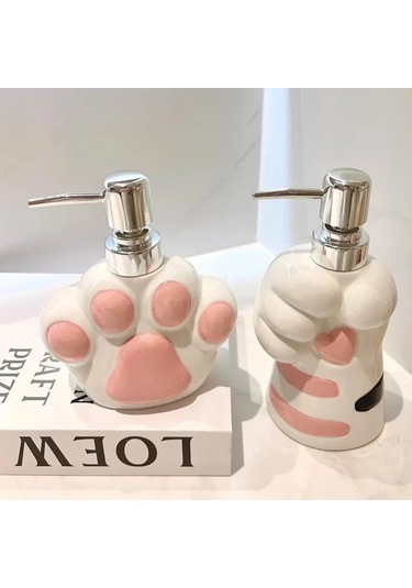 Banyo Sabunluk Seramik Kedi Paw Losyon Dispenseri Basın Tipi El Bej - Sarı