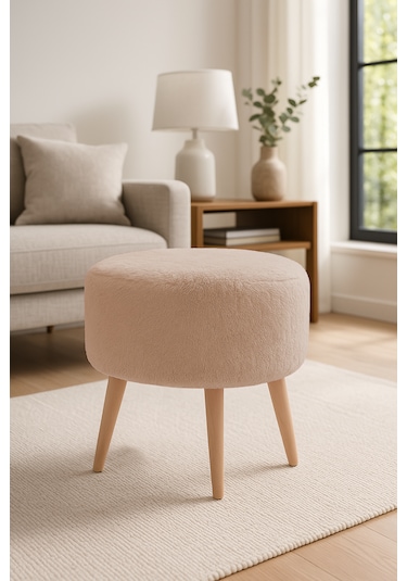 Yuvarlak Puf - 40cm - Welsoft Kumaş - Vizon