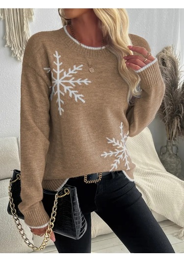 Pazarella Kadın Uzun Kollu Bisiklet Yaka Kar Tane Desenli Triko Bluz Kahve