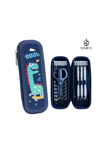 Karikatür Büyük Kapasiteli Su Geçirmez Çift Katmanlı Plastik Kalem Kutusu MAvi