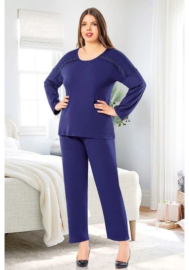 Faal 8809 Kadın Büyük Beden Uzun Kollu Dantel Detaylı Pijama Takım-lacivert Lacivert