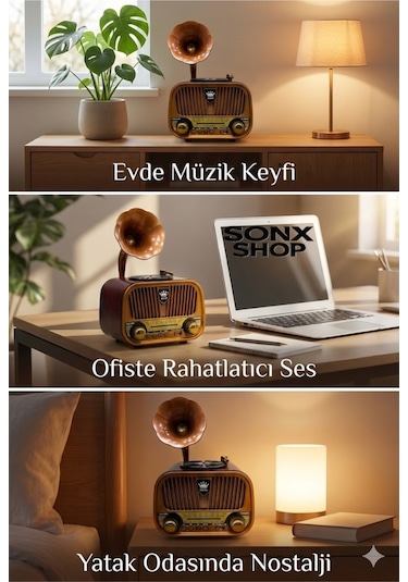 Gramofon Tasarımlı Nostaljik Bluetooth Radyo Hoparlör Müzik Çalar