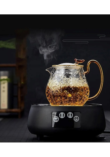 Qerhome Borosilikat Cam Buzlu Gold Saplı Bitki Çayı Demliği 550 Ml Altındem Şeffaf