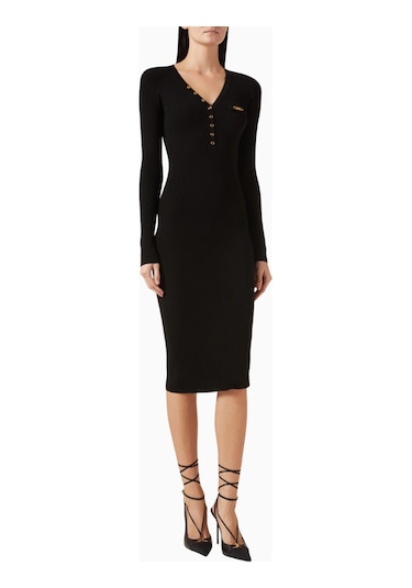 Elisabetta Franchi Ribbed Midi Triko Elbise, Lüks Günlük Şıklık Siyah