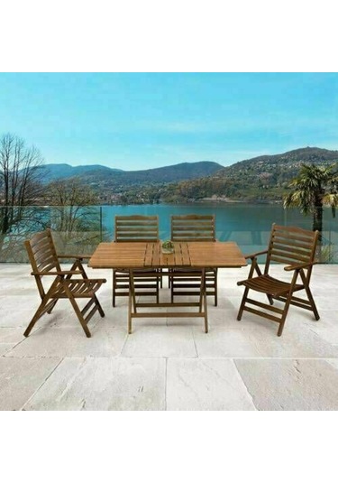 Ürgüp Katlanır Ahşap Bahçe Balkon Seti: 80X160 Masa + 4 Sandalye