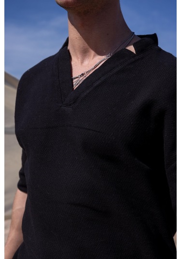 Siyah Renk V Yaka Gömlek Şort Erkek Yıkamalı Keten Takım-1741 Siyah