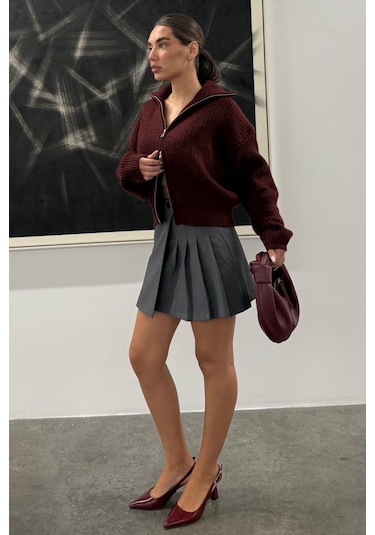 Madmext Bordo Çift Fermuarlı Kadın Triko Hırka Mg2532 Bordo