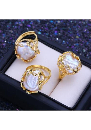 Lsooyh Doğal Tatlısu Büyük Barok İnci Yüzük Çok Renkli