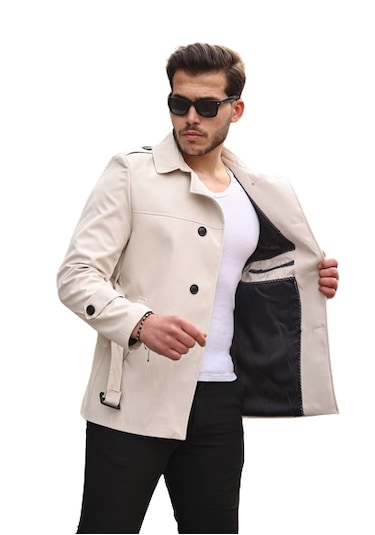 Mero Life Erkek Mevsimlik Astarlı Kemerli Kruvaze Trençkot - Taş  Rengi Taş