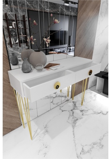 Tocco 1038 Naz 2 Çekmeceli Dekoratif Lüx Dresuar-beyaz Gold Altın - Beyaz