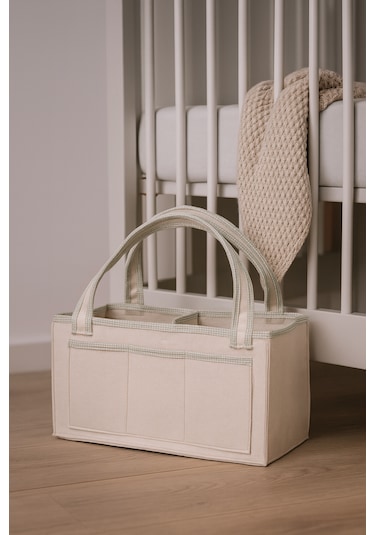 Anne Bebek Kalın Keçe Bakım Çantası Yenidoğan Için Organizer Düzenleyici Çok Amaçlı Krem Yeşil Overlok Detay