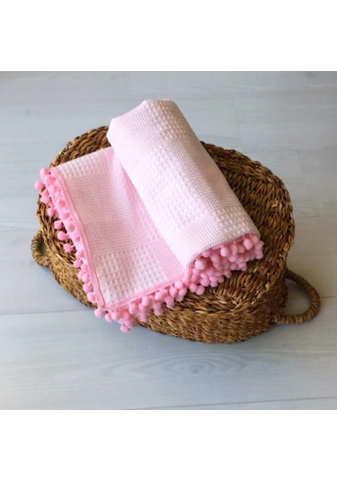 Waffle Desenli Ponponlu Bebek Pike Battaniye Pembe 100x115