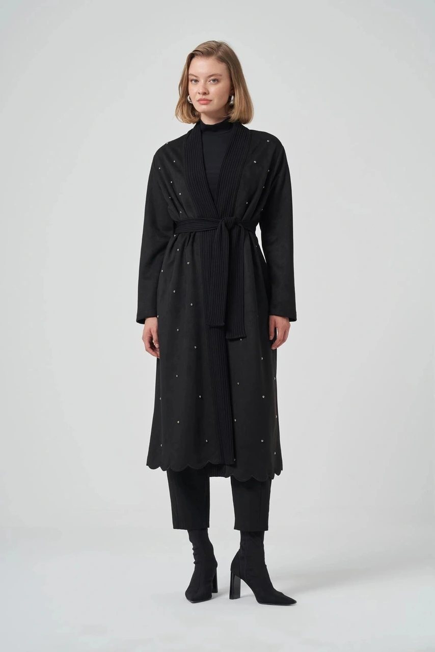 Nuss 6001 Şal Yaka Taş İşlemeli Kap - Siyah Siyah