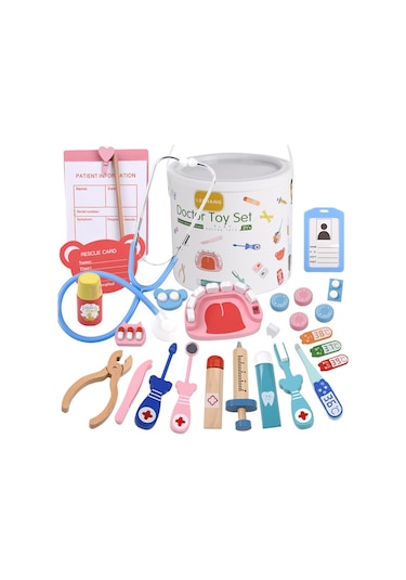 Teltree Ahşap Çocuklar İçin Tıp Oyuncak Seti - Dinleyici, Diş Modeli, Fırça, Macun Ve Diş Bakımı Araçlarıyla Rol Yapma Oyunu, Saklama Kova İçerir