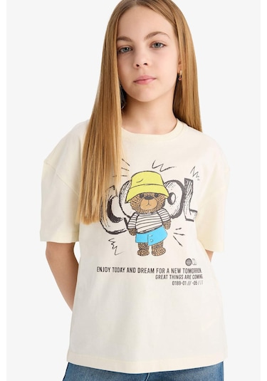 Defacto Kız Çocuk Relax Fit Bisiklet Yaka Baskılı Kısa Kollu Tişört E0353a825smer235 Ekru