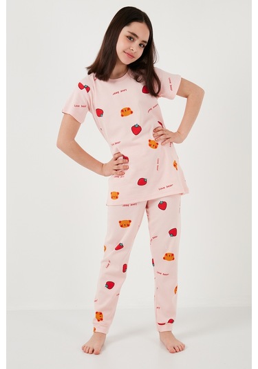 Lela % 100 Pamuk Bisiklet Yaka Kısa Kollu Kız Çocuk Pijama Takımı 6651002 Pembe