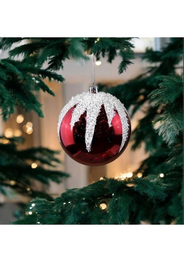 Yılbaşı Süsü Kar Detaylı 2'li Top Kırmızı 10 Cm