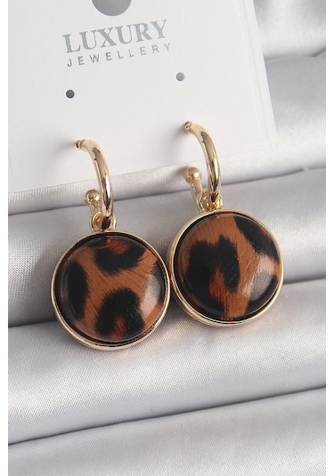 Pirinç Gold Renk Leopar Desenli Daire Model Kadın Küpe Çok Renkli