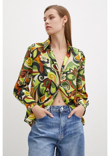 Kadın Uzun Kol Çiçek Desenli Renkli Pamuk Saten Premium Kalite Spor Şık Gömlek Yeşil