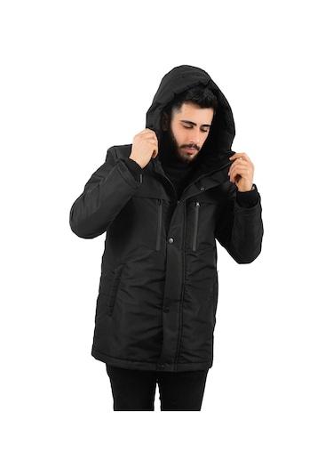Montland Erkek Siyah Içi Polarlı Su Ve Rüzgar Geçirmez Kapüşonlu Kışlık Mont Siyah