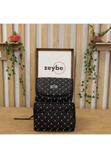 Kapitone Desenli Anne/bebek Bakım Çantası - Beyaz Nakışlı-zeybe Siyah