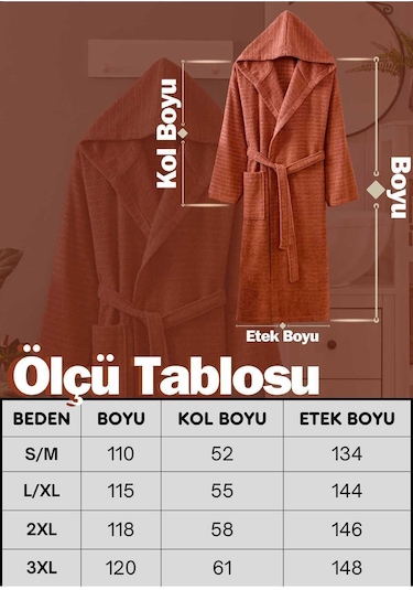 2 Li Kapşonlu Unisex Banyo Bornozu Seti %100 Soft Pamuklu Antasit-kiremit