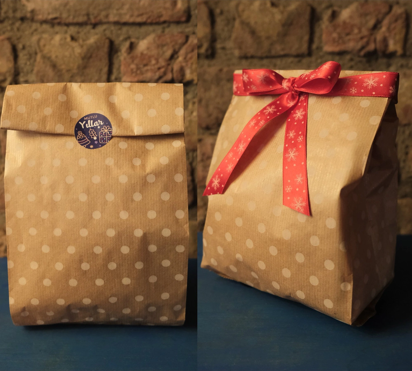 Körüklü Kraft Kese Kağıdı, Beyaz Puantiyeli Şamua Hediye, Ambalaj